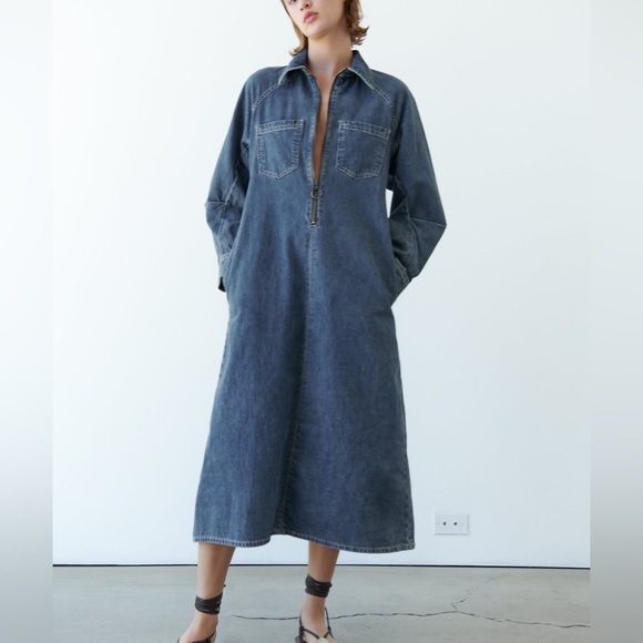 Zara Dress oversize midi denim jeans long sleeve collar casual - Picture 4 of 11